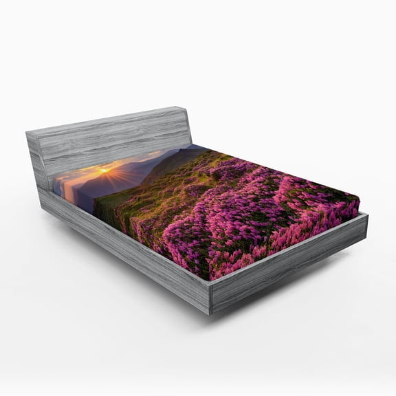 Ambesonne Nature Fitted Sheet, Flower Meadow Mountain, Full Size, Multicolor
