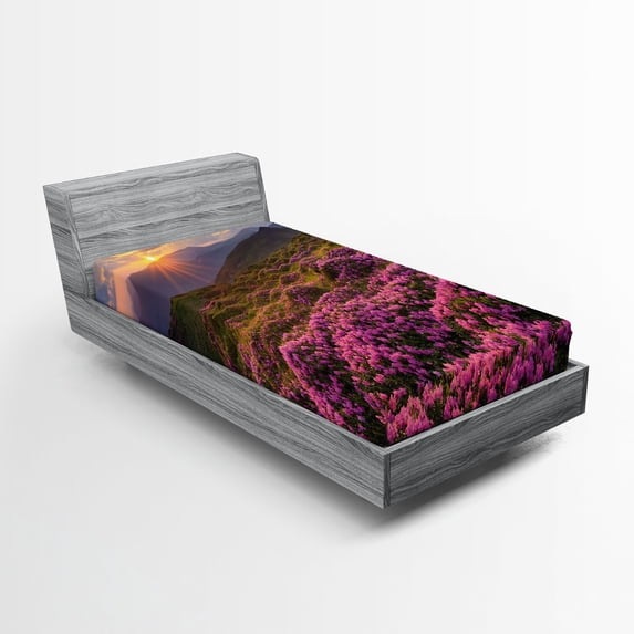 Ambesonne Nature Fitted Sheet, Flower Meadow Mountain, Twin Size, Multicolor