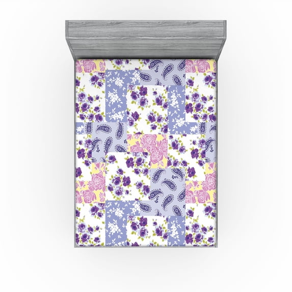 Ambesonne Nature Fitted Sheet, Flowers Paisleys Abstract, Full Size, Blue Violet and Earth Yellow
