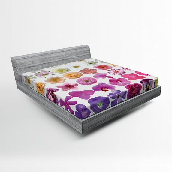 Ambesonne Nature Fitted Sheet, Flowers Petunia Botanic, Queen Size, White Lilac Pink