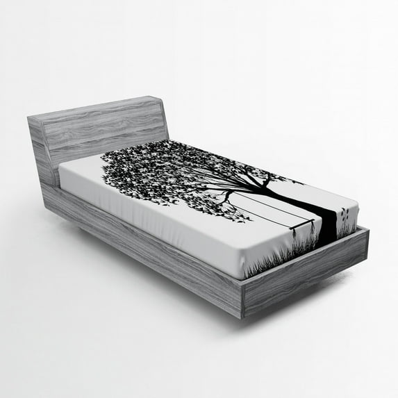 Ambesonne Nature Fitted Sheet, Flowersnd Grass Garden, Twin Size, Black and White