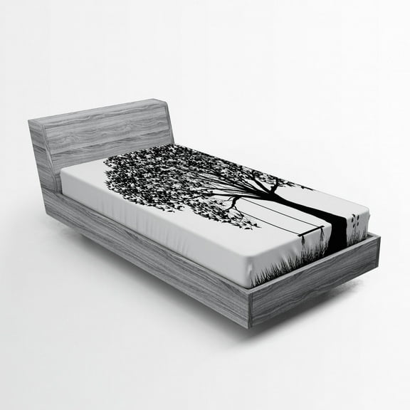 Ambesonne Nature Fitted Sheet, Flowersnd Grass Garden, Twin XL Size, Black and White