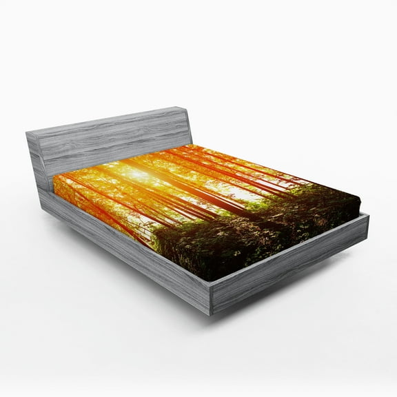 Ambesonne Nature Fitted Sheet, Foggy Forest Scenery, Full Size, Orange Fern Green