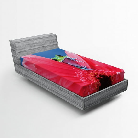 Ambesonne Nature Fitted Sheet, Frog on Gabera Flower, Twin XL Size, Pink Green Blue
