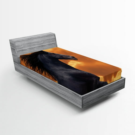 Ambesonne Nature Fitted Sheet, Galloping Friesian Horse, Twin XL Size, Black Orange
