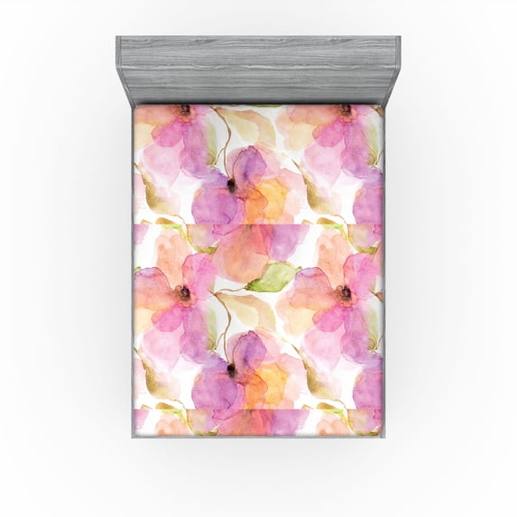 Ambesonne Nature Fitted Sheet, Garden Print Flower Pattern, Queen Size, Pink Peach and Pastel Green