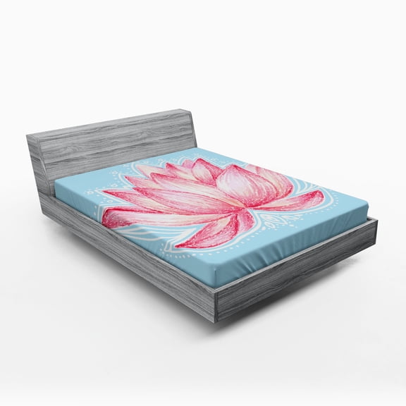 Ambesonne Nature Fitted Sheet, Gardening Lotus Flower, Full Size, Pink Pale Blue