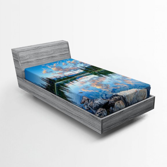 Ambesonne Nature Fitted Sheet, Golden Sunrise Scenery, Twin Size, Blue Green