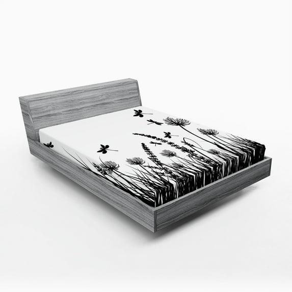 Ambesonne Nature Fitted Sheet, Grass Bush Meadow Spring, California King, Black White