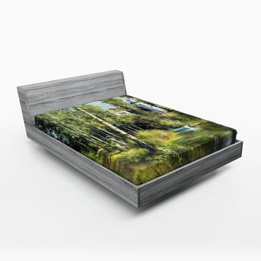 Ambesonne Nature Fitted Sheet, House in Forest, Full Size, Green