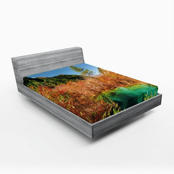 Ambesonne Nature Fitted Sheet, Idyllic Autumn Season, Full Size, Green Amber