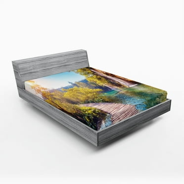 Ambesonne Nature Fitted Sheet, Idyllic Lake Waterfall, Queen Size, Multicolor