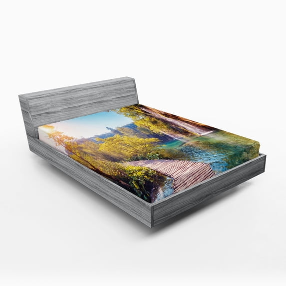 Ambesonne Nature Fitted Sheet, Idyllic Lake Waterfall, Queen Size, Multicolor