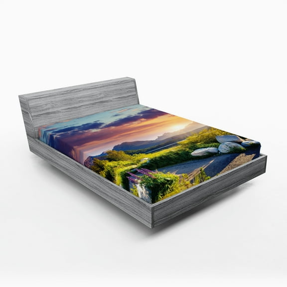 Ambesonne Nature Fitted Sheet, Idyllic Sky Europe Park, Queen Size, Fern Green Blue Lilac