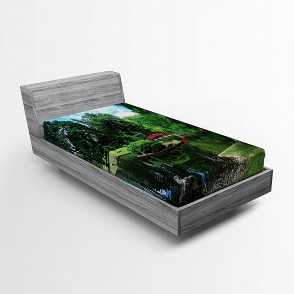 Ambesonne Nature Fitted Sheet, Japanese Garden Lake, Twin Size, Green Blue