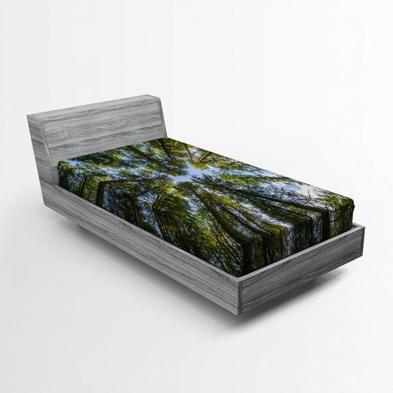 Ambesonne Nature Fitted Sheet, Jungle Moss Forest Trees, Twin XL Size, Forest Green Sky Blue