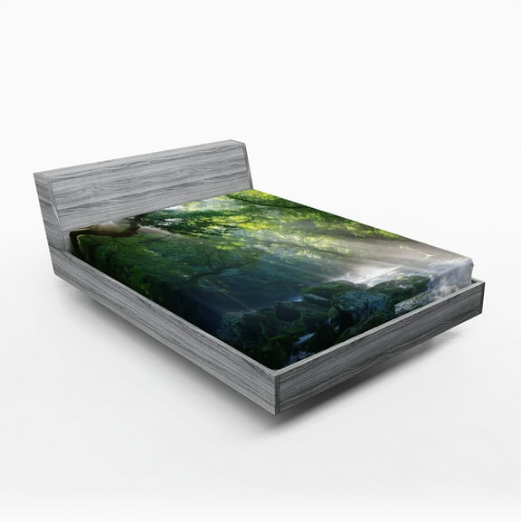 Ambesonne Nature Fitted Sheet, Jungle Sunlight Trees, Queen Size, Green White