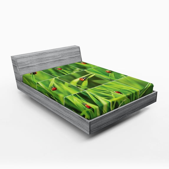 Ambesonne Nature Fitted Sheet, Ladybug over Fresh Grass, Full Size, Green Red
