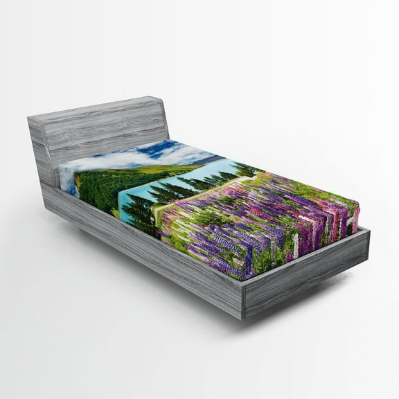 Ambesonne Nature Fitted Sheet, Lake Floral Petals, Twin XL Size, Purple Fern Green