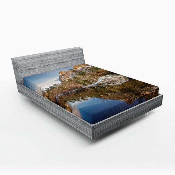 Ambesonne Nature Fitted Sheet, Lake Mountain Sunset, Full Size, Navy Brown