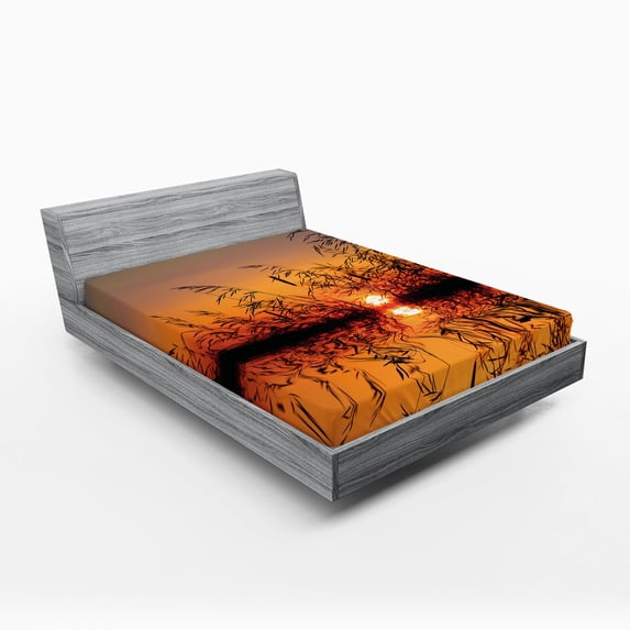 Ambesonne Nature Fitted Sheet, Lake Sunset Photo Scene, Queen Size, Multicolor