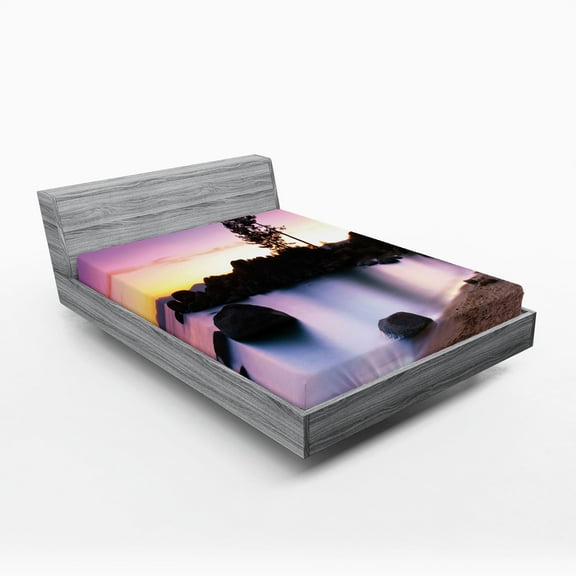 Ambesonne Nature Fitted Sheet, Landscape Lake Tahoe, Full Size, Dark Brown Peach