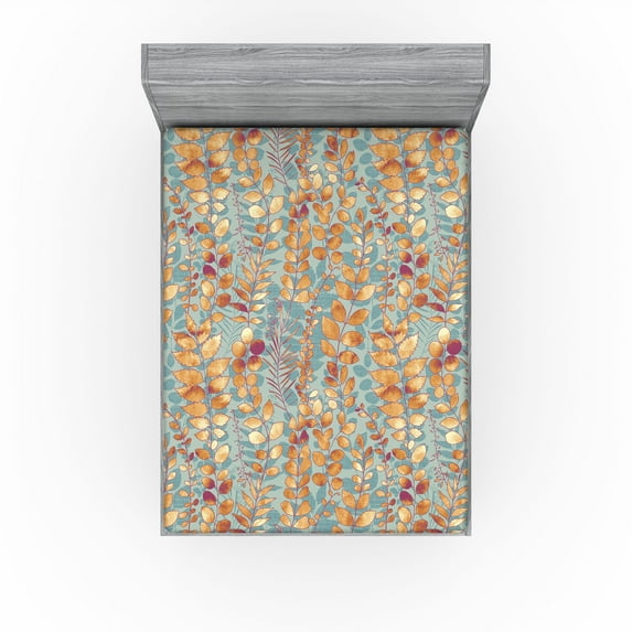Ambesonne Nature Fitted Sheet, Leaves in Warm Colors Art, Full Size, Pale Orange and Earth Yellow