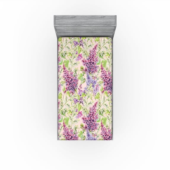 Ambesonne Nature Fitted Sheet, Lilac Flowers Watercolor Art, Twin XL Size, Pistachio Green and Pale Pink