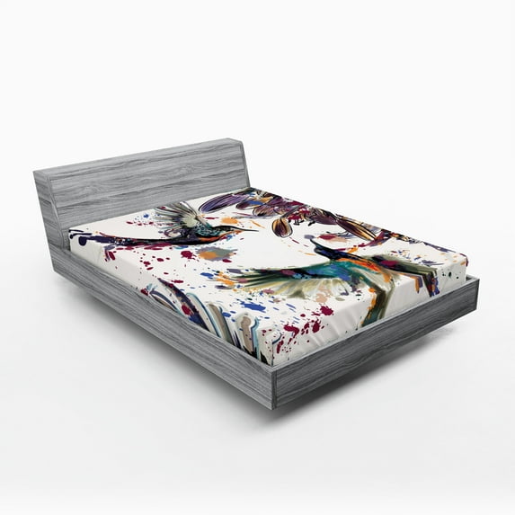 Ambesonne Nature Fitted Sheet, Lily Birds Watercolor, Queen Size, Orange and Blue