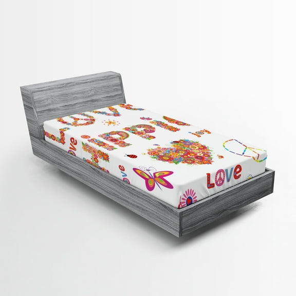 Ambesonne Nature Fitted Sheet, Love Hippie Vivid Floral, Twin XL Size, Multicolor