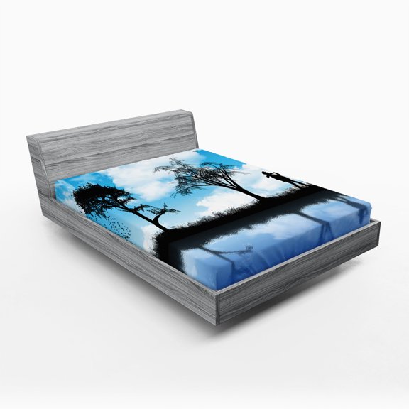 Ambesonne Nature Fitted Sheet, Man Dog Lake Tree Moon, Queen Size, Sky Blue Black White