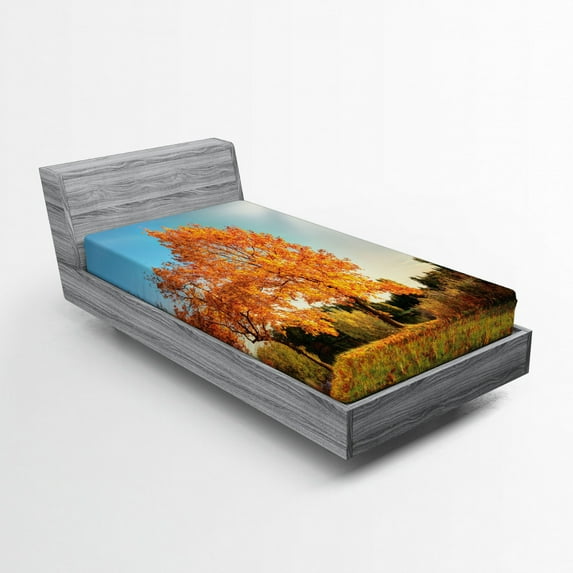 Ambesonne Nature Fitted Sheet, Maple Tree in Autumn, Twin Size, Orange Blue