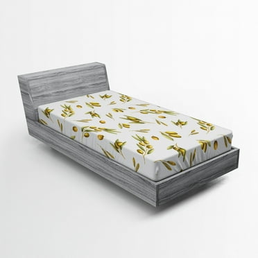 Ambesonne Nature Fitted Sheet, Mediterranean Branches, Twin XL Size, Green Yellow Olive