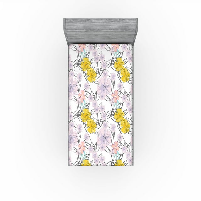 Ambesonne Nature Fitted Sheet, Minimal Floral Motif Print, Twin XL Size, Mustard and Pastel Purple