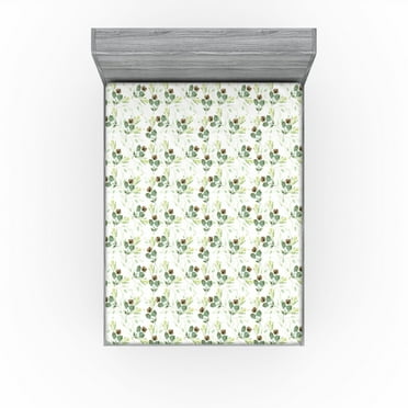 Ambesonne Nature Fitted Sheet, Minimalist Leaves Branches, California King, Pistachio Green White