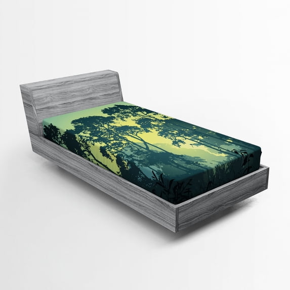 Ambesonne Nature Fitted Sheet, Mist Forest Trees Scene, Twin XL Size, Hunter and Green