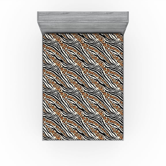 Ambesonne Nature Fitted Sheet, Mixed Leopard and Zebra Art, Queen Size, Eggshell Pale Vermilion
