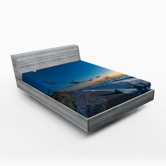 Ambesonne Nature Fitted Sheet, Moon in Sky Lake, Queen Size, Blue and Apricot