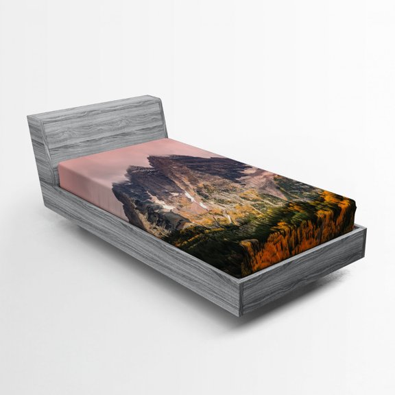 Ambesonne Nature Fitted Sheet, Mountain Forest Scenery, Twin Size, Multicolor