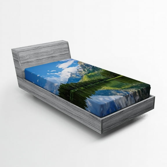 Ambesonne Nature Fitted Sheet, Mountain Lake Scenery, Twin XL Size, Blue White Green