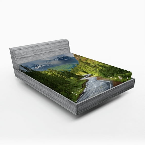 Ambesonne Nature Fitted Sheet, Mountain Landscape Road, Full Size, Green Grey Brown