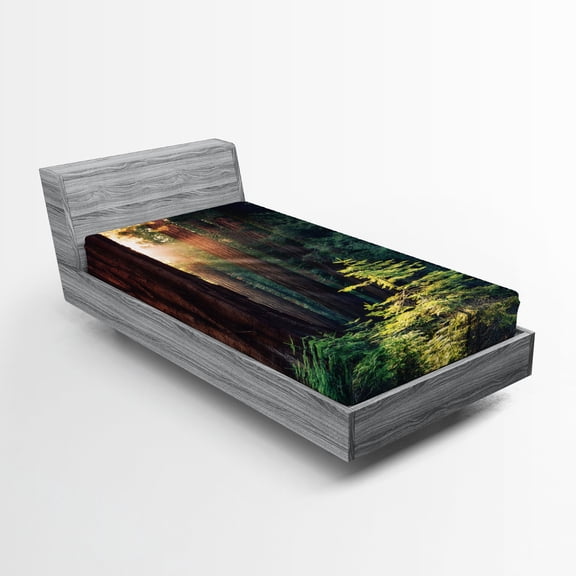 Ambesonne Nature Fitted Sheet, Nevada Morning Sun, Twin Size, Green Brown