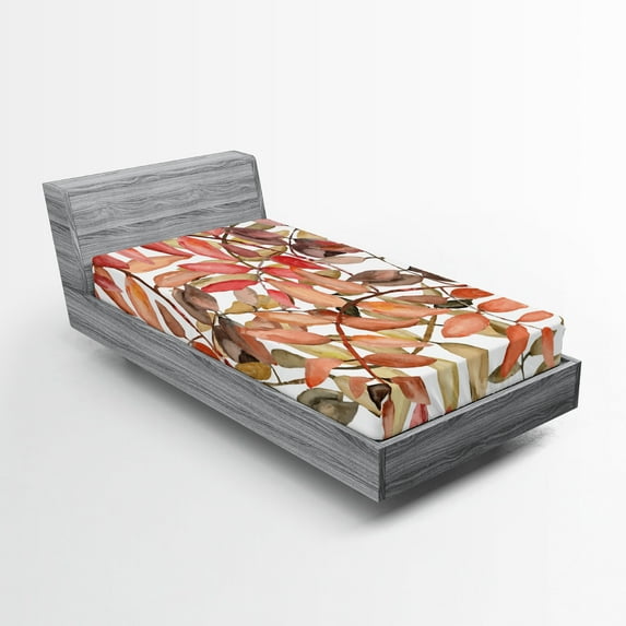 Ambesonne Nature Fitted Sheet, Northwoods Falling Leaf, Twin Size, Coral Taupe