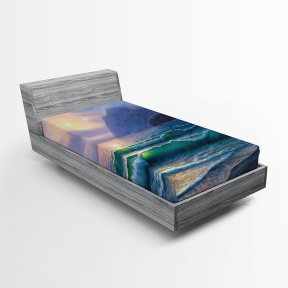 Ambesonne Nature Fitted Sheet, Ocean Morning Mountain, Twin XL Size, Lilac Teal