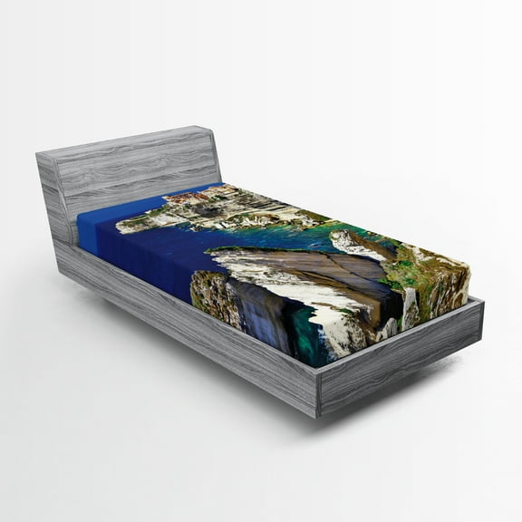 Ambesonne Nature Fitted Sheet, Ocean Summer Seascape, Twin Size, Navy Beige