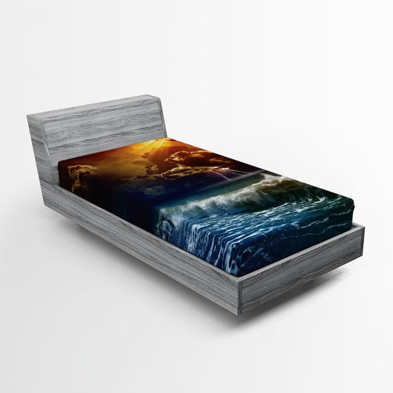 Ambesonne Nature Fitted Sheet, Ocean Wild Waves Art, Twin XL Size, Orange and Blue
