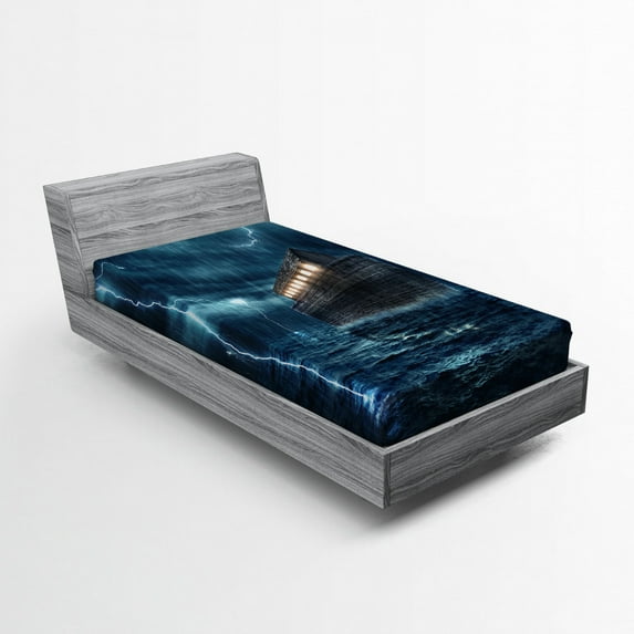 Ambesonne Nature Fitted Sheet, Old Wood Boat Dramatic, Twin Size, Blue Brown