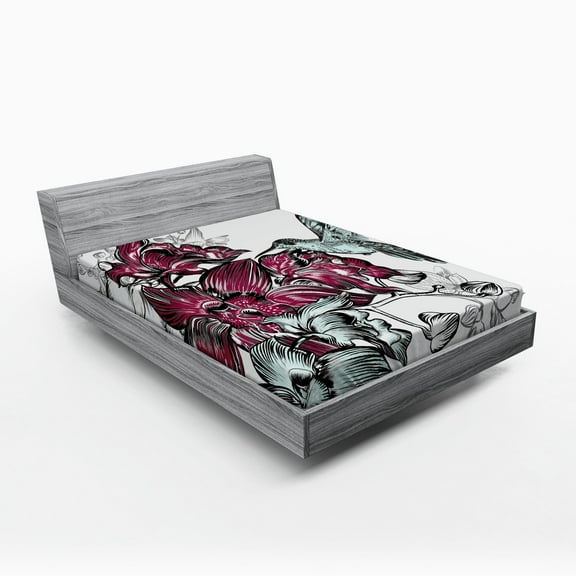 Ambesonne Nature Fitted Sheet, Orchids and Hummingbird, Queen Size, Burgundy