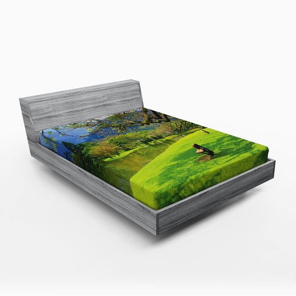 Ambesonne Nature Fitted Sheet, Panoramic Public Wiev, Queen Size, Lime Green Violet Blue