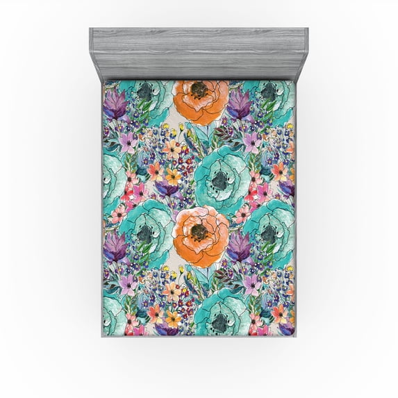 Ambesonne Nature Fitted Sheet, Pastel Hand-Drawn Flowers, King Size, Pale Vermilion and Turquoise